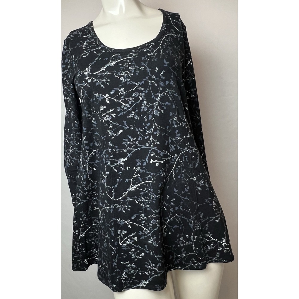 Sahalie  Gray &  Black Botanical 3/4 Sleeve Tunic Blouse Size Small